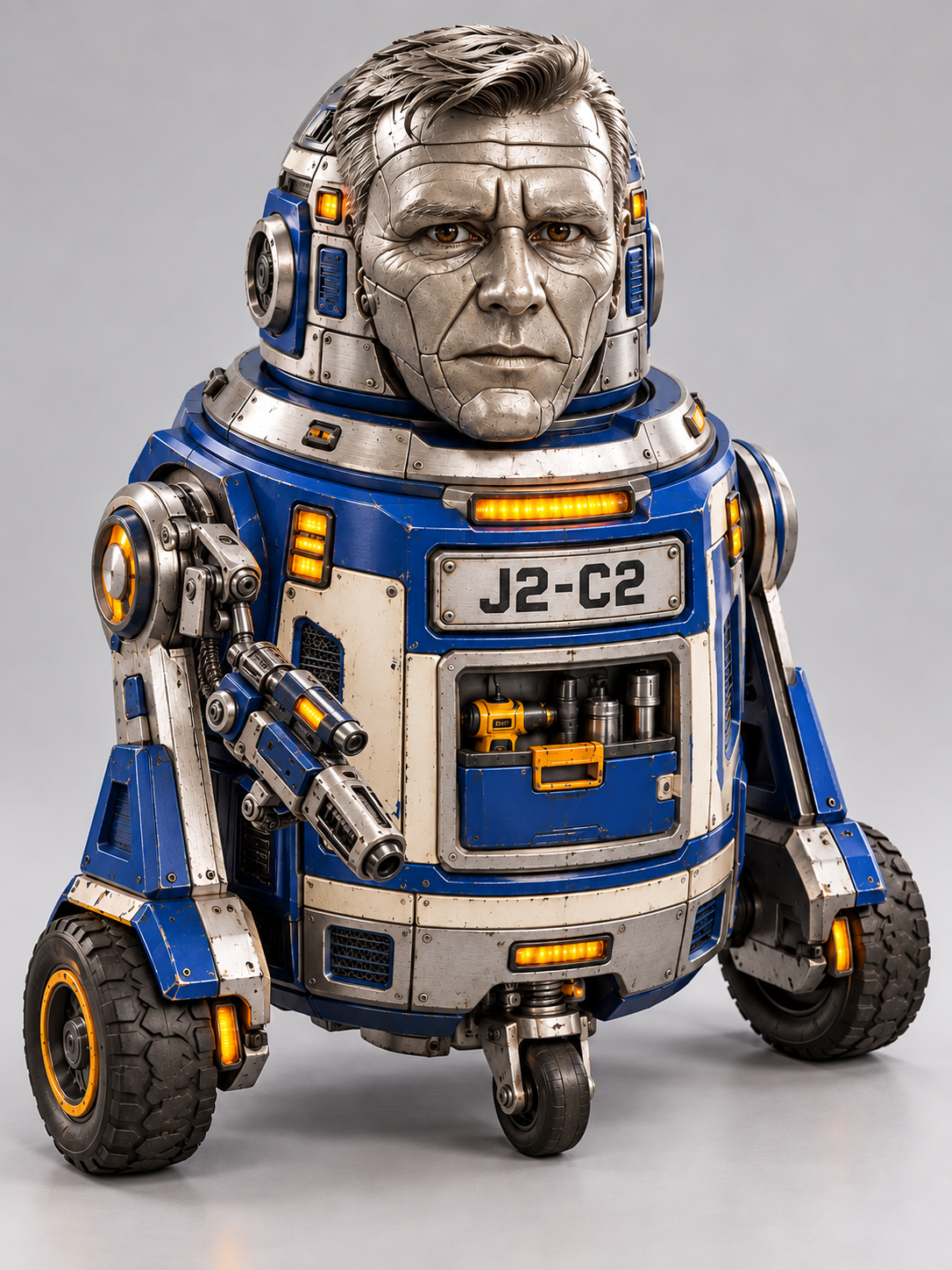 J2-C2, a blue and silver utility robot with Jason Crawford's robotic likeness, brown eyes, amber lights, and a mounted sci-fi blaster.
